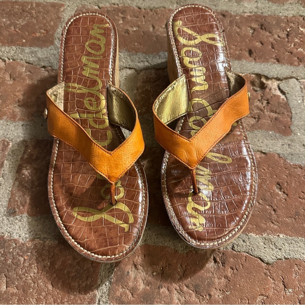 Women's Sam Edelman Orange & Brown Romy Leather Wedge Cork Heel Sandals size 11